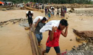 Petugas memikul beras untuk dibagikan kepada korban banjir bandang di Desa Aek Garoga, Kecamatan Batang Toru, Tapanuli Selatan, Sumatera Utara