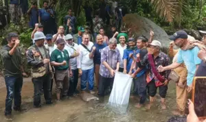 Muhammad Nuh dan Masyarakat Lokal dan Komunitas Pencinta Lingkungan Hidup melepas 1250 bibit ikan Jurung kesungai Bingei